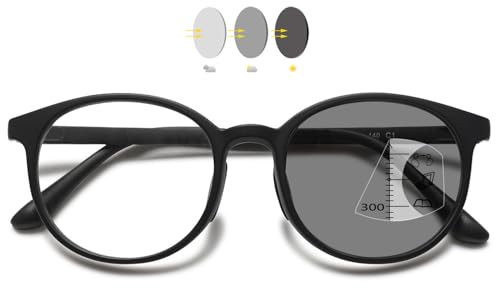 VEVESMUNDO Selbsttönende Gleitsicht Lesebrillen Blaulichtfilter Damen Herren Kunststoff Gleitsichtbrille Multifokale Progressive Runde Brillen (Schwarz, 2.5)