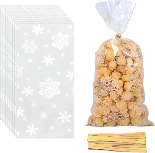100 Stück weihnachtstüten cellophantüten plätzchentüten,durchsichtige tüten kekstüten tütchen für süßigkeiten,mit 100 Stück Twist Krawatten für Kekse,Bonbons,Weihnachten Deko Party (Weiß)