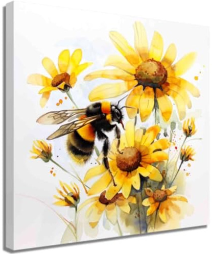 ZQQART Leinwandbild Biene Biene mit Gänseblümchen Blumenbild Drucke Aquarell Honigbiene Wildblumen Poster Natur Insekten Kunstwerk Wanddekoration für Zuhause (Gelb Weiß,40x40cm)