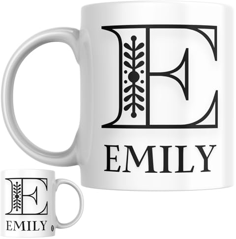 Designs of note! Emily Personalised Initial Name Mug | Letter E Decorative Coffee Cup for Her | Novelty Elegant Gift for Women or Girls Called Emily