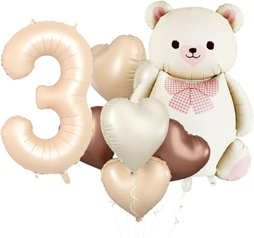 KOBOKO Bär Geburtstagsdeko 3 Jahre Mädchen Junge, Bären Luftballon 3 Geburtstag Junge, Geburtstagsdeko Mädchen 3 Jahre Luftballons, Bär Folienballon Deko 3. Geburtstag, Herz Helium Ballon 3 Geburtstag