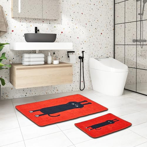miqna 2-teiliges Badezimmerteppich-Set mit Rutschfester Unterseite – Rotes Design mit Katzenmotiv, Weiche und Wasserabsorbierende Badvorleger (Comfort, 60 x 100 cm - 50 x 60 cm)