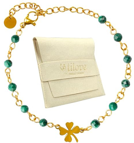 TILOVE, Bracelet en Pierre Naturelle de Malachite, Lithothérapie pour Femme avec Trèfle Porte Bonheur en Acier Inoxydable. Conçu en France. Bracelet Chakra Bien Être. Idée Cadeau Femme, Fête des Mères