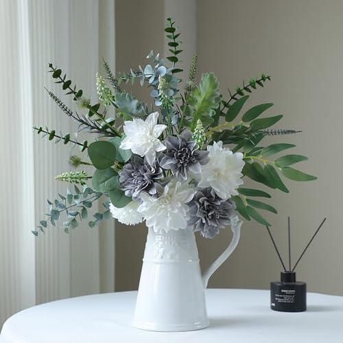 Wnvivi Ramo de Flores Artificiales de Dalia, Arreglo de Flores Artificiales de Dalia Azul y Blanco, Paquete de Flores de Dalia de Seda para Decoración del Hogar