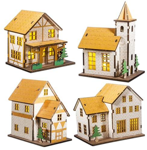 4 Stück Weihnachtsdorf Mit Beleuchtung LED, Wichtelhaus Weihnachten, Weihnachtsdeko Holz, Winter Hüttenlandschaft, Fur Weihnachtsdeko Innen, Weihnachten Fenster Tischdeko (4 Stück-A)