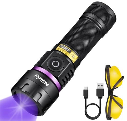 Alonefire SV116 Linterna UV 60W 365nm Profesional Recargable USB C Potente Luz Negra Detector de Orina para Resina, Pesca, Escorpión, Minerales, Pegamento, Ámbar con Gafas Protectoras UV, Batería