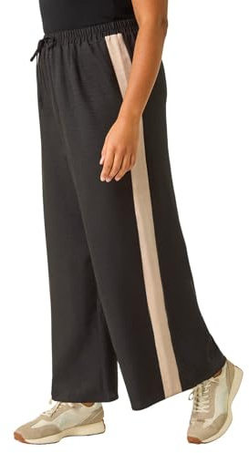 Roman Curve Side Stripe Wide Leg Trouser for Women UK - Ladies Everyday Autumn Winter Comfy Soft Evening Vacation Work Party Night Out - Black Plus - Size 22