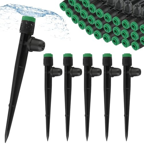 Kalolary 50 gotas de riego de 1/4 pulgadas con bloqueo, boquillas de riego por goteo para tubos de 4/7 mm, pulverizador de flujo de agua Vortex ajustable a 360 grados, sistema de microgoteo para