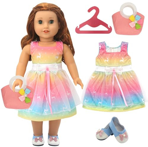 JSTHHTT Puppenkleidungsset, Kleidung Outfits für Baby Puppen, Puppenkleidung für 38-45cm Mädchen Puppe, Regenbogen Bekleidungsset aus Kleid, Schuh, Handtasche