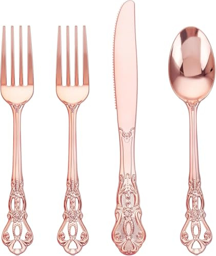 Joyido 40PCS Rose Gold Plastic Utensils - Elegant Cutlery Sets for Party