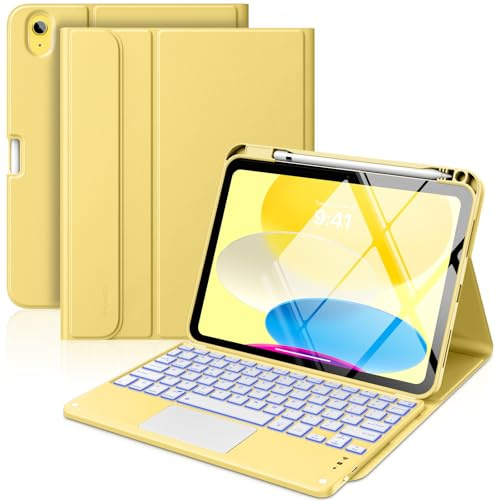 MoKo iPad 11ª/10ª Generación Funda con Teclado 2025/2024, 7 Colores Retroiluminación y Trackpad Multi-Touch, Teclado Desmontable Funda Folio Soporte con Soporte para Lápiz, Amarillo Claro