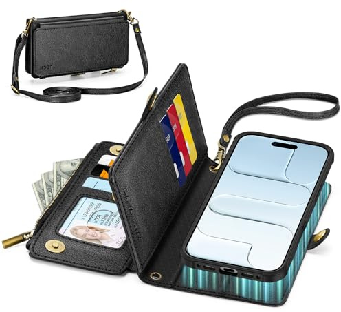 TUCCH Crossbody Removable Wallet Case for iPhone Air (6.5), RFID Blocking 9 Card Slots | Wireless Charging | Wrist Strap | Lanyard | Zipper Pocket | PU Leather | Shockproof TPU | Textured Black