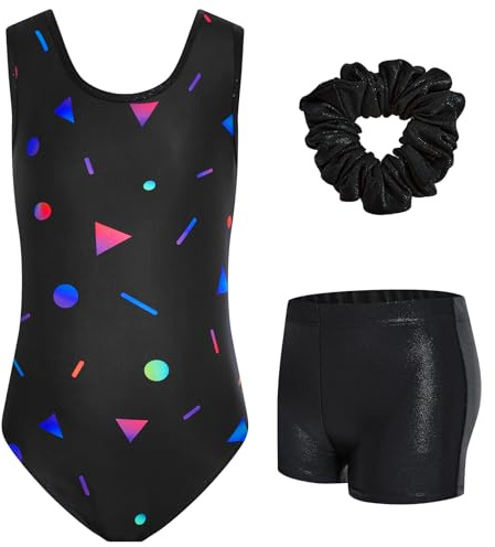 JiAmy - Body da ginnastica per ragazze con pantaloncini, set 3 pezzi, abbigliamento atletico da ginnastica per bambini, senza maniche, body da balletto per danza per bambini 3-12 anni, 8-9 Years