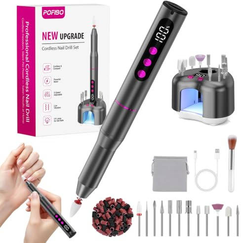 POFIBO Electric Nail Drill 35000RPM, Electric Nail File with Nail Lamp | 13 in 1 Professional Nail Drill Machine with 3 IN 1 Nail Lamp Base, LCD Display, 5 Speeds for Acrylic & Gel Nails