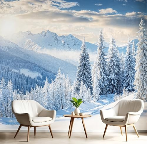 SMBHIAON Carta Da Parati Fotografica 3D Effetto Pini Elementi Di Montagna - Scena Invernale Carta Per Pareti Soggiorno Camera Da Letto Sala Fotomurali (250L × 175A cm)