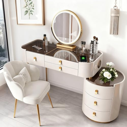 Goldonion Dressing Table with Mirror, Vanity Desk with Wireless Charging/USB Ports/Bluetooth Speaker, Makeup Vanity with Chair for Bedroom (White-gold, 100CM-Glass tabletop)