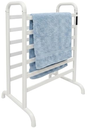 JAYEUW Handtuchheizkörper Elektrisch Handtuchhalter ohne Bohren 1-24h Timer, 45-60°C 180W Weiß Doppelstöckig Freistehend Handtuchwärmer für Bad bis 30kg 60 * 43 * 90.5cm