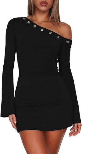 Crsiphee Women One Shoulder Metal Ring Mini Dress with Long Bell Sleeve Bodycon Sexy Slim Fit Cocktail Party Dresses Y2K Trendy for Club or Night Out Wear Black S