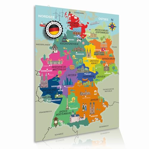 Deutschlandkarte Poster Kinderzimmer XXL Lernposter Kinder 42×60 cm mit allen 16 Bundesländern, Hauptstädten & Städten Made in Germany | Kinderposter Landkarte Deutschland | Weltkarte Kinder Deko