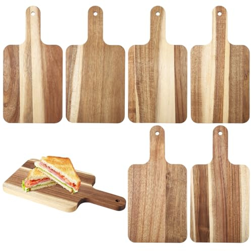 Lot de 6 planches à découper en bois, bois d’acacia naturel, planche de service charcuterie avec poignée, pour maison, restaurant, fête, pique-nique, repas en extérieur, cuisine et service