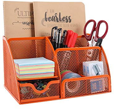 EasyPAG 7 Fächer Metall Schreibtisch Organizer Stiftehalter Stiftköcher Vielseitig Utensilienschalen Büro Organisation Zubehör Ablage mit Schublade,Orange