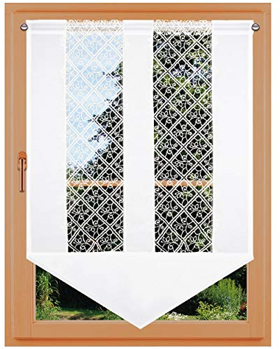 Klassischer Scheibenhänger Sissi mit Einsatz aus Vogtländischer Spitze in natur - Kunstvolle Scheibengardine mit modernem Ranken-Muster - Landhaus-Flächengardine Höhe x Breite 100 x 65 cm