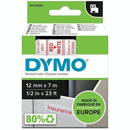 DYMO Original D1-Etikettenband | rot auf weiß | 12 mm x 7 m | selbstklebendes Schriftband | für LabelManager-Beschriftungsgerät
