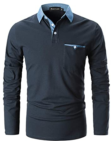 GHYUGR Men's Long Sleeve Polos Casual Tops Denim Splice Golf T-Shirt Poloshirts,Navy,L