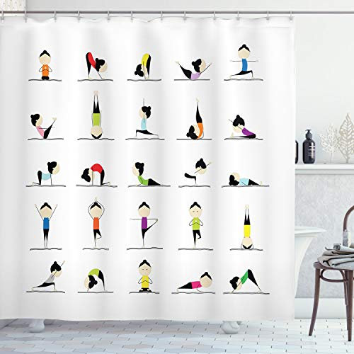 ABAKUHAUS Gymnastik Duschvorhang, Frau Macht Yoga, Stoffliches Gewebe Badezimmerdekorationsset mit Haken, 175 x 200 cm, Weiß Mehrfarbig
