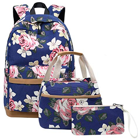 SellerFun Flower Print Canvas Girls USB Backpack Sets Women Laptop Daypack with Lunch Tote Bag Purse/Pencil Case(Blue,25L)