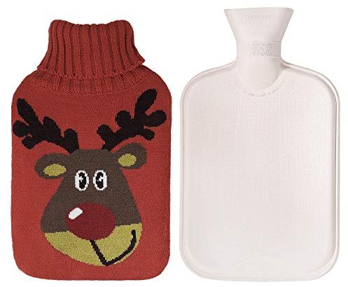 Wärmflaschen 2 Liter mit Bezug Sicher und Langlebig Wärmflasche mit Rentier-Muster Gestrickter Abdeckung, Perfekte Weihnachten Geschenk 33 x 20cm
