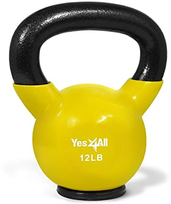 Yes4All NVF1 Vinyl Coated Cast Iron Kettlebell with Protective Rubber Base, Kettle Bell Weights Set - Multicolor Kettlebells, Yellow, 5.4 kg