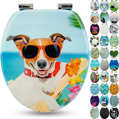 Sanfino® Premium Toilet Seat with Soft Close - Wooden Toilet Lid, Lots of Colourful and Decorative Designs, high Seating Comfort, Easy to Install Including Instructions - Sunny Dog
