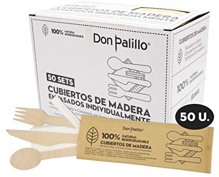 DON PALILLO - 50 Sets de Cubiertos de Madera Desechables envasados en Papel Kraft. Cada Set Contiene 1 Tenedor + 1 Cuchillo + 1 Cuchara + 1 servilleta de Papel + 1 palillo env. Ind. Total 50 Sets