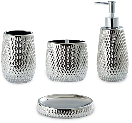 Silver Bathroom Accessory Set 4 Piece Ceramic Bath Accessories Sets Complete, Rain- Drop Shaped Bathroom Essential with Toothbrush Holder & Dish, Tumbler, Soap Dispenser Set for Bath Decor