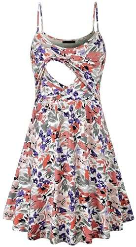 Qnursma Breastfeeding Dresses Women, High Waisted Spaghetti Strap Lift up Flared Bottom Summer Maternity Nursing Patterned Cami Sundress with Two Side Pockets White Floral 2 M