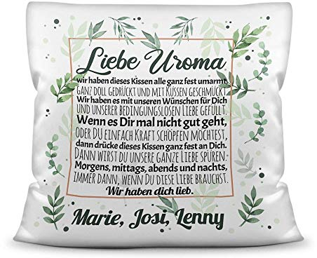 PR Print Royal Kissen inkl. Kissenfüllung mit schönem Spruch für Uroma - Wir haben Dich lieb - zum Beschriften mit Wunschnamen - Kissen Weiß, 40 x 40 cm