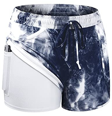 Blevonh Damen Yoga Laufshorts 2 in 1 Workout Athletic Shorts mit Taschen S-3XL, Blau, X-Groß