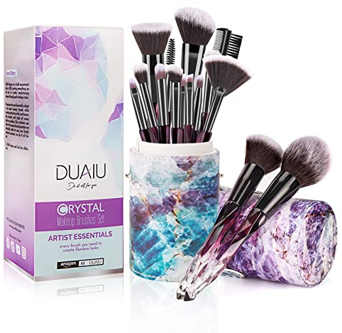 DUAIU Lot de 15 pinceaux de maquillage Kabuki à poils synthétiques de qualité supérieure avec poignée en cristal pour fond de teint, visage, lèvres, yeux - Avec boîte cadeau étoilée (violet)