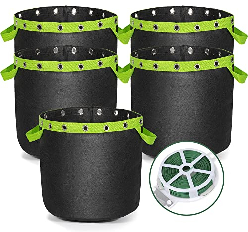 Growerz 5 pack 14L LST Fabric Grow Bags – 5 Pack for Low-Stress Training (LST), Heavy-Duty Plant Pots with Handles + 30m Twist Tie, Reusable for Indoor Outdoor Gardening