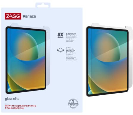 ZAGG InvisibleShield Glass Elite Screen Protector Compatible with iPad Pro 11 inch (2022, Gen 3,2,1) & iPad Air (Gen 5/4), Shockproof, Smudgeproof, Scratchproof, Extreme Impact (Clear)