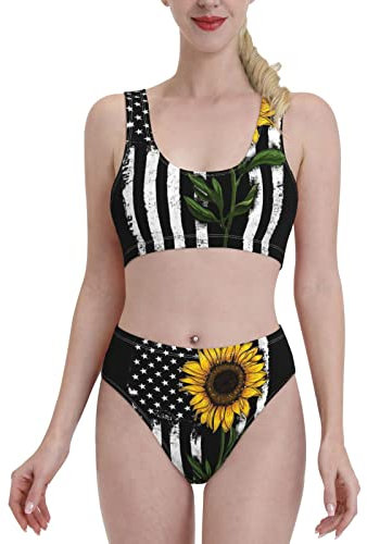Maillot de bain imprimé tournesol et drapeau américain, maillot de bain bikini pour femme, bikini de sport divisé, Noir , M