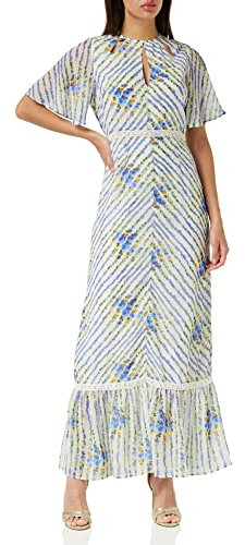 Hope & Ivy The Hedda Flutter Sleeve Maxi Dress with Lace Trim and Neckline Cut Outs Blue/White
