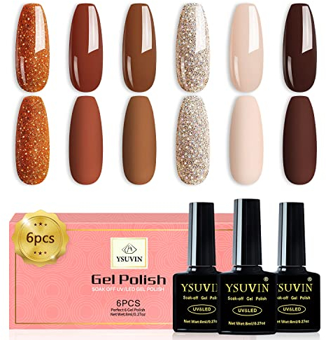 YSUVIN UV Nagellack Set, 6 Stück Gelb Braun Rosa Nude Glitzer Gold Tränken Sie den Gel Nagellack für Frauen Home DIY Nail Art Maniküre Salon, Langlebig, 8ML