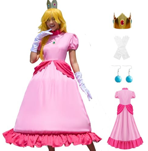 PAINEOMN Prinzessinnenkleid für Damen, Halloween, Prinzessin, Cosplay, Kostüm, Krone, Ohrringe, Handschuhe, Set, Erwachsenenkostüm, Anzug, Peach 2, M