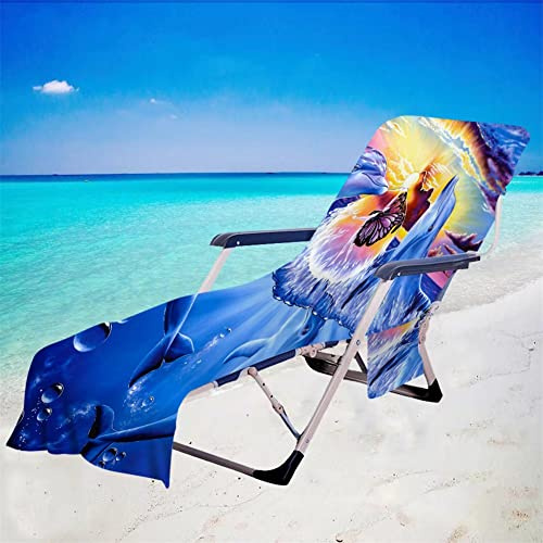 Surwin Sun Lounger Beach Towel with Pockets, 3D Ocean Dolphin Print Beach Chair Cover Chaise Lounge Towel Cover Mate Sunbed Towels For Summer Holiday Garden Outdoor Pool (75x210cm,Butterfly)