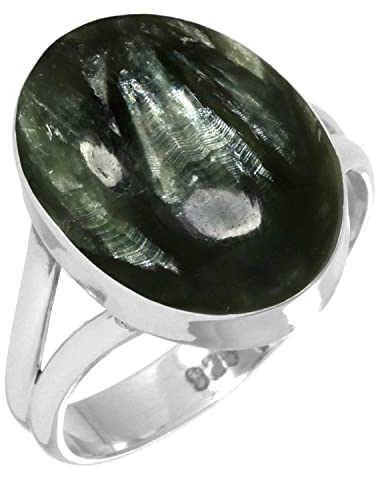 Jeweloporium 925 Silber Ringe für Damen Größe 60(19.1) Grün Echt Russischer Seraphinit Edelstein Kostüm Silber Ringe Halloween Geschenk Jahrgang Schmuck