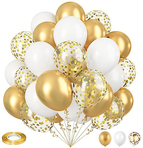 Metallic Gold Balloons Set, Pack of 35 12 Inch White Gold Confetti Latex Balloon, Gold and White Birthday Party Balloons for Women Girls Wedding Engagement Baby Bridal Shower Party Decorations