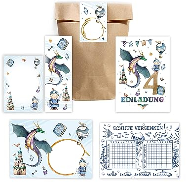 12 Einladungskarten zum 4. Kindergeburtstag Junge Ritter Drache Einladung zum vierten Geburtstag incl. 12 Umschläge, 12 Tüten/natur, 12 Aufkleber, 12 Lesezeichen, 12 Blöcke, 12 Schiffe versenken