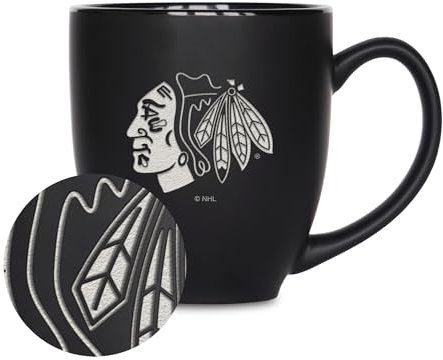 Rico Industries NHL Hockey Chicago Blackhawks 425 ml, lasergraviert, mattschwarze Keramik-Bistro-Tasse, für heiße oder kalte Getränke